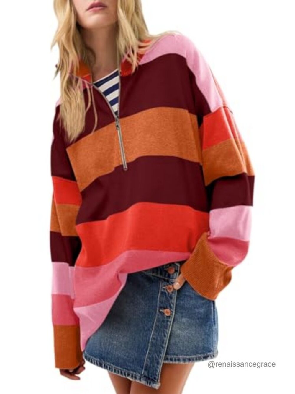 Womens Striped Half Zip Pullover Sweater Turtleneck Long Sleeve